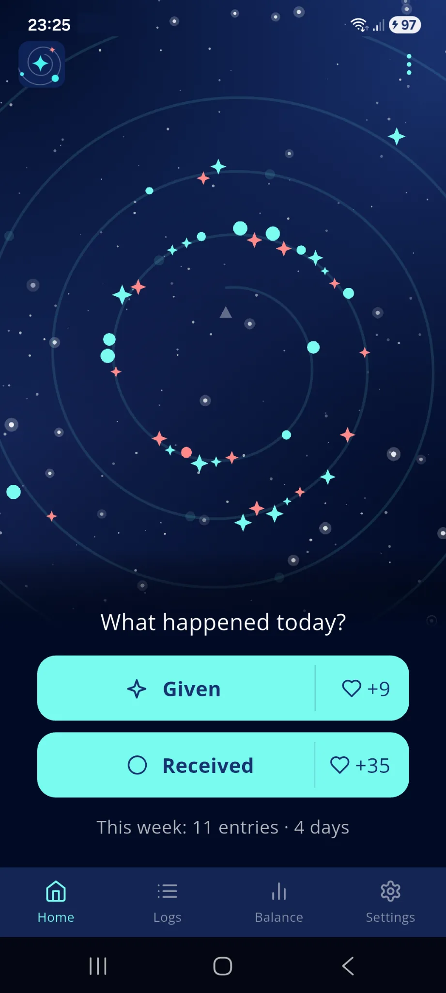 KarmaBoost home screen showing a cosmic spiral and Given and Received buttons